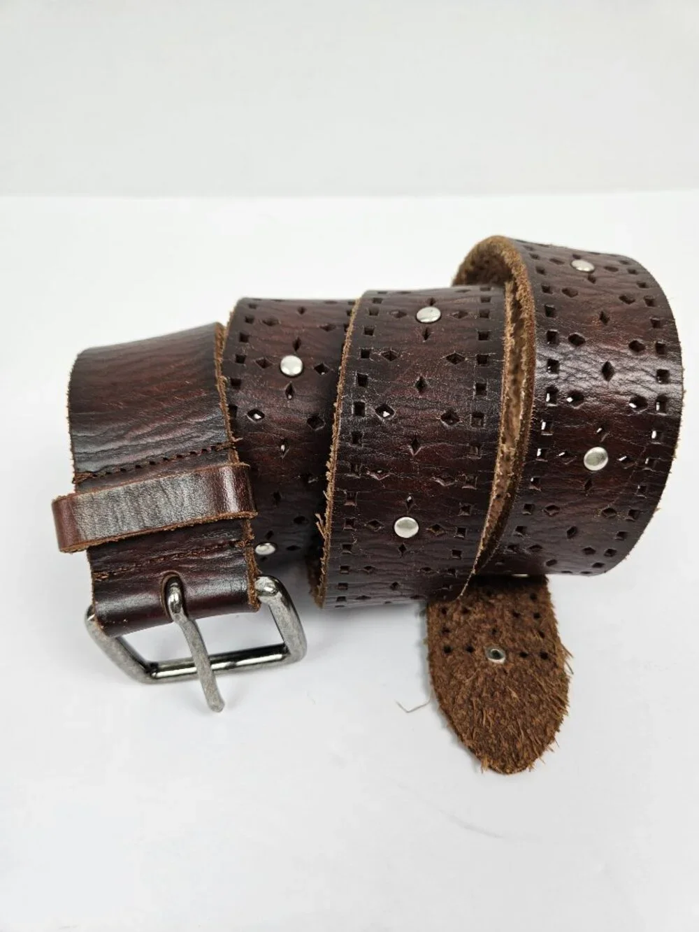 Boho Western Chocolate Brown Perforated Tooled Silver Stud Leather Belt